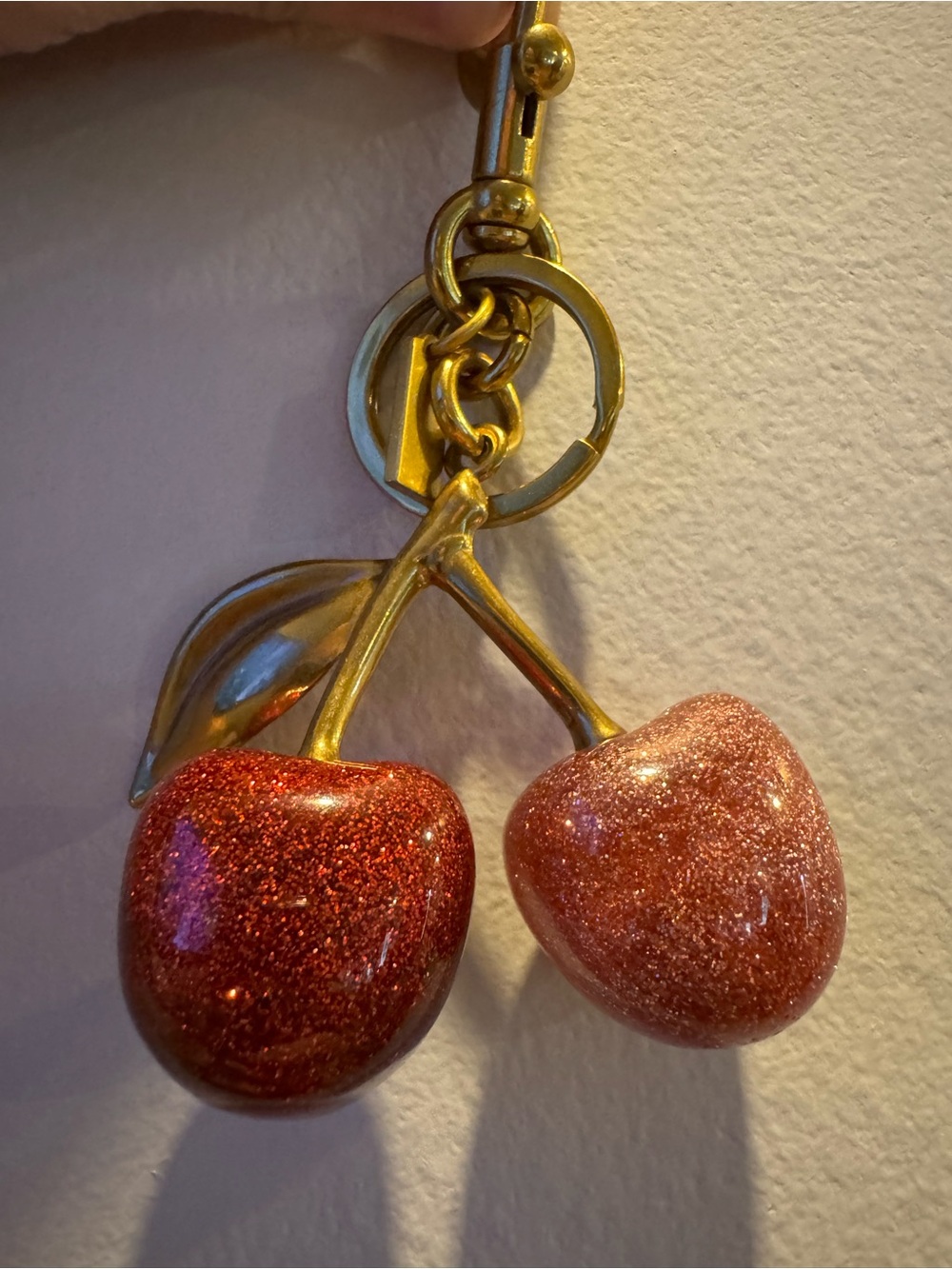 Gold-Tone Cherry Keychain with Red And Pink Glitter Cherries